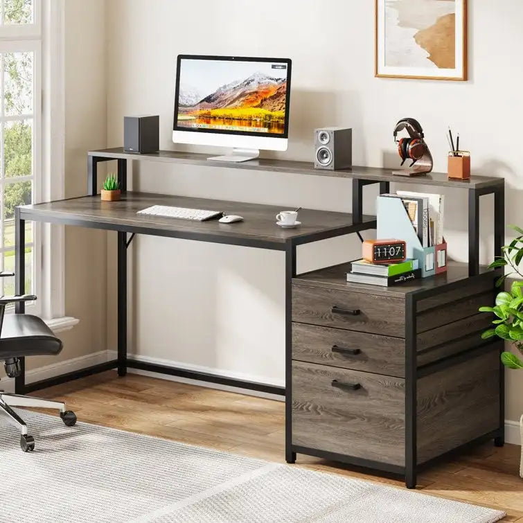 Bureau d’ordinateur de 63 avec support pour écran, bureau ergonomique pour télétravail avec tiroirs et classeur