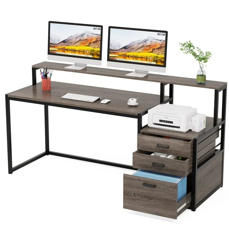 Bureau d’ordinateur de 63 avec support pour écran, bureau ergonomique pour télétravail avec tiroirs et classeur