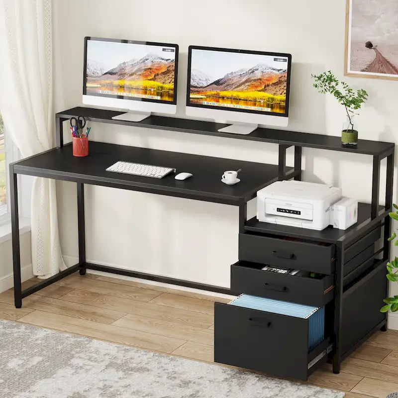 Bureau d’ordinateur de 63 avec support pour écran, bureau ergonomique pour télétravail avec tiroirs et classeur