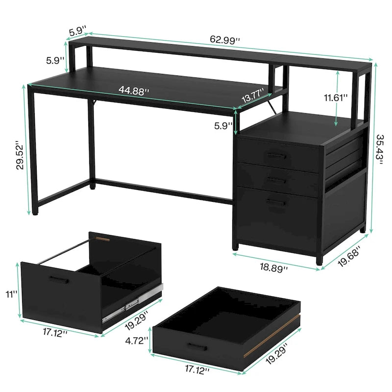 Bureau d’ordinateur de 63 avec support pour écran, bureau ergonomique pour télétravail avec tiroirs et classeur