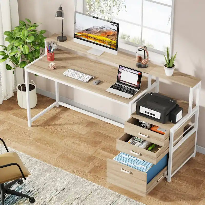 Bureau d’ordinateur de 63 avec support pour écran, bureau ergonomique pour télétravail avec tiroirs et classeur