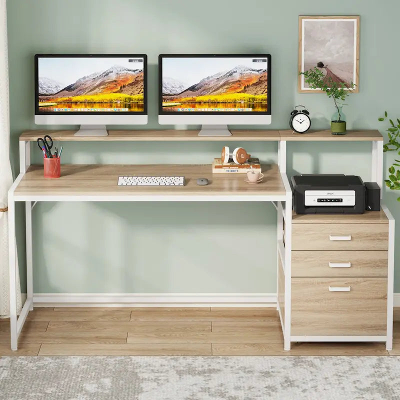 Bureau d’ordinateur de 63 avec support pour écran, bureau ergonomique pour télétravail avec tiroirs et classeur