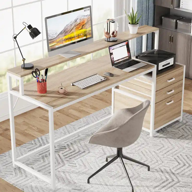 Bureau d’ordinateur de 63 avec support pour écran, bureau ergonomique pour télétravail avec tiroirs et classeur