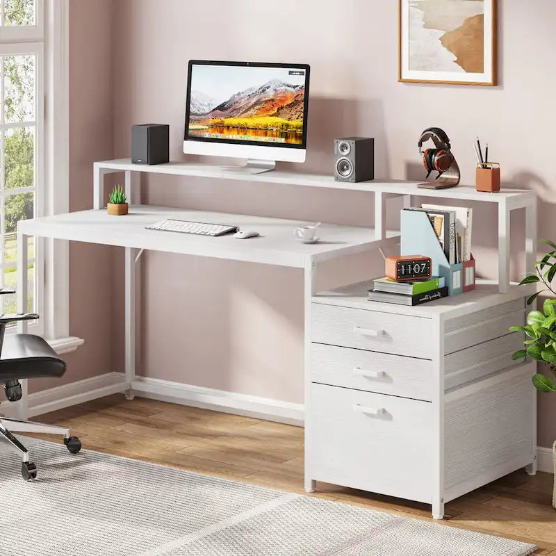 Bureau d’ordinateur de 63 avec support pour écran, bureau ergonomique pour télétravail avec tiroirs et classeur