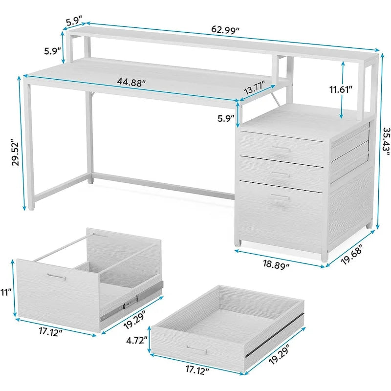 Bureau d’ordinateur de 63 avec support pour écran, bureau ergonomique pour télétravail avec tiroirs et classeur
