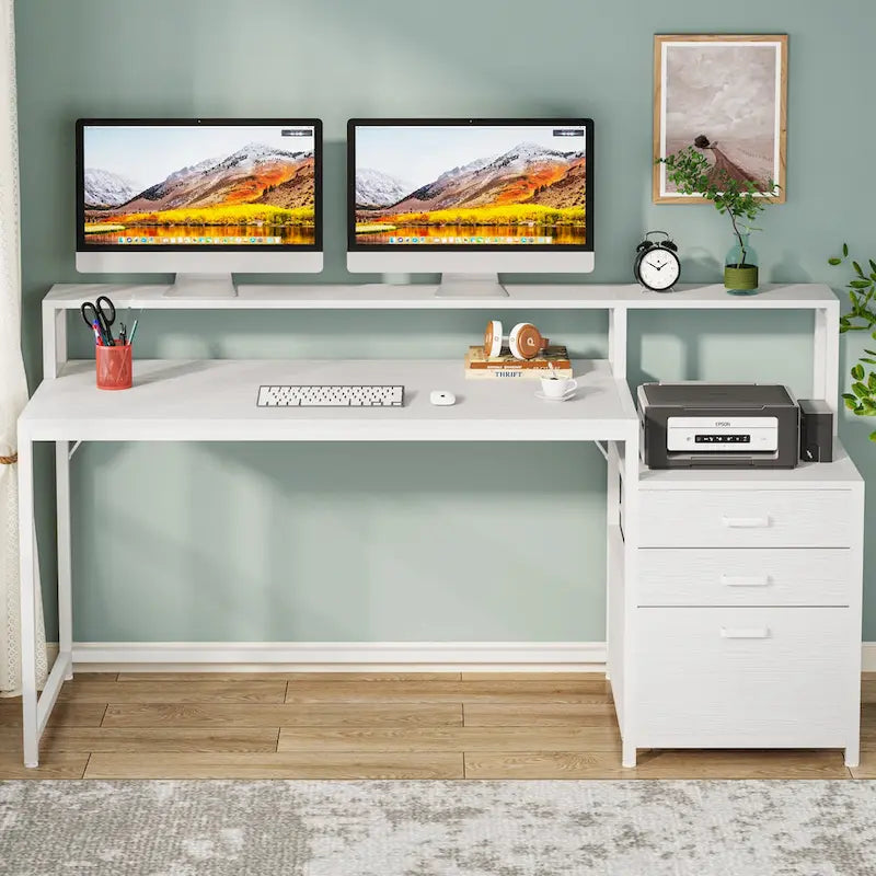 Bureau d’ordinateur de 63 avec support pour écran, bureau ergonomique pour télétravail avec tiroirs et classeur