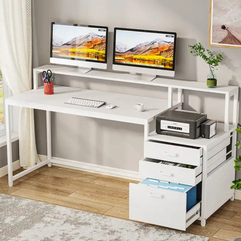 Bureau d’ordinateur de 63 avec support pour écran, bureau ergonomique pour télétravail avec tiroirs et classeur
