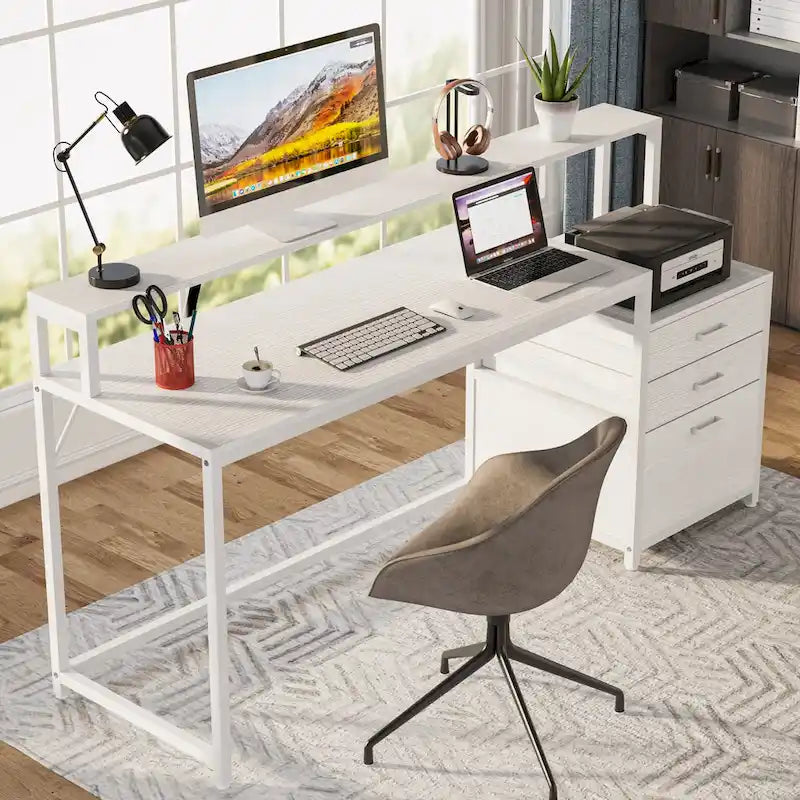 Bureau d’ordinateur de 63 avec support pour écran, bureau ergonomique pour télétravail avec tiroirs et classeur