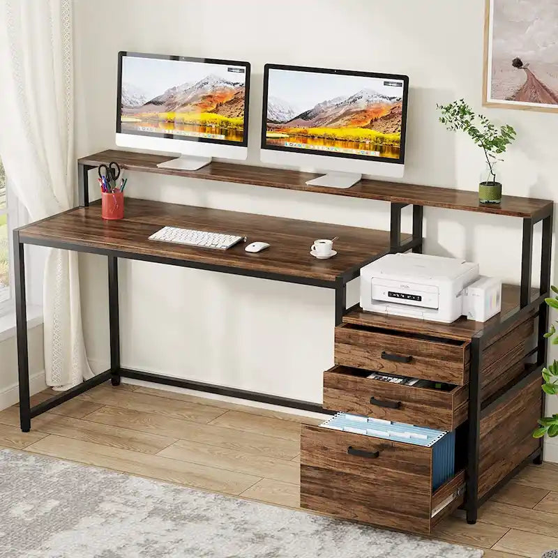 Bureau d’ordinateur de 63 avec support pour écran, bureau ergonomique pour télétravail avec tiroirs et classeur