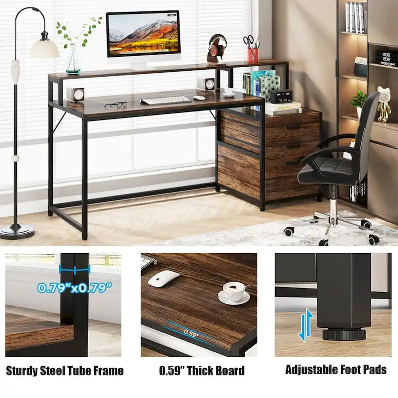 Bureau d’ordinateur de 63 avec support pour écran, bureau ergonomique pour télétravail avec tiroirs et classeur