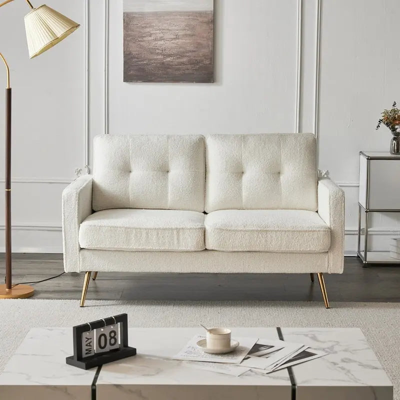 Weißes Sofa für 2 Personen aus getuftetem Stoff, kleines Polstersofa fürs Wohnzimmer
