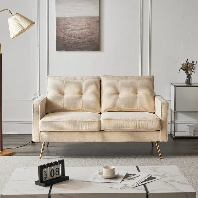 Weißes Sofa für 2 Personen aus getuftetem Stoff, kleines Polstersofa fürs Wohnzimmer