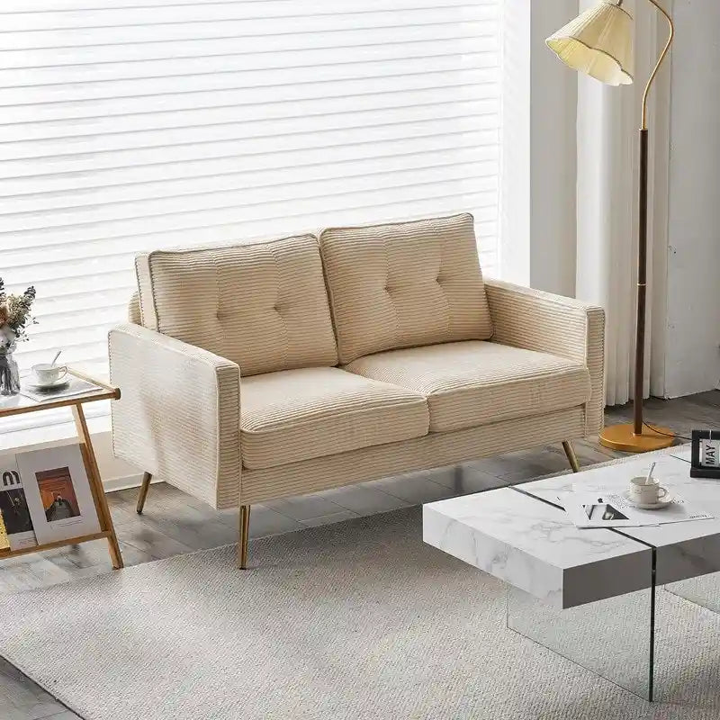 Sofá biplaza blanco de tela con capitoné, pequeño y tapizado, para la sala