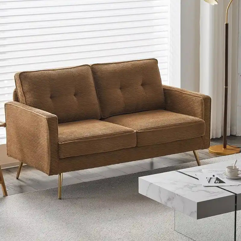 Sofá biplaza blanco de tela con capitoné, pequeño y tapizado, para la sala