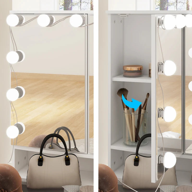 Coiffeuse avec miroir triptyque, éclairage certifié et plateau en verre