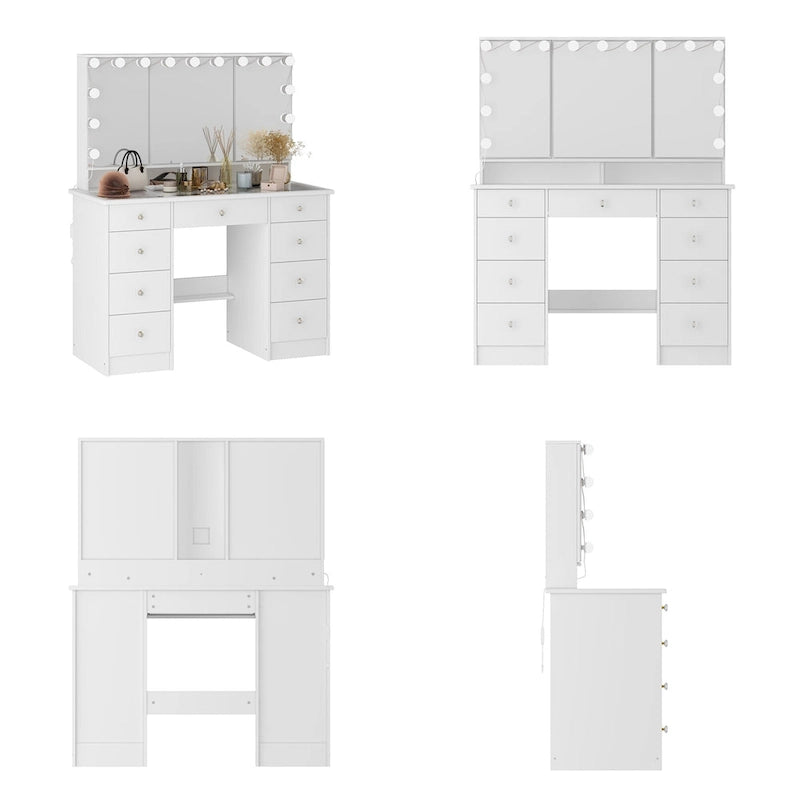 Coiffeuse avec miroir triptyque, éclairage certifié et plateau en verre
