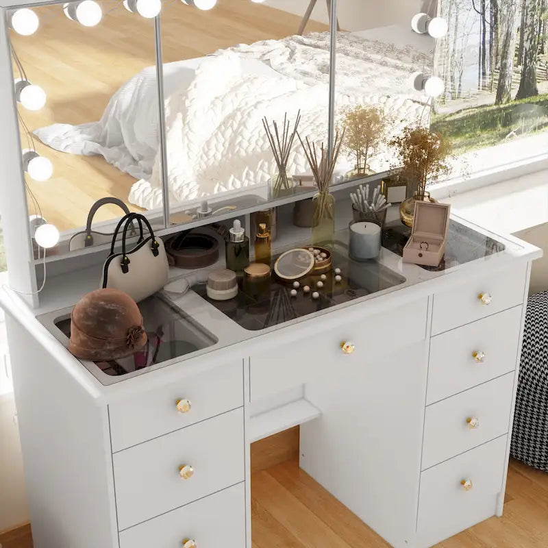 Coiffeuse avec miroir triptyque, éclairage certifié et plateau en verre