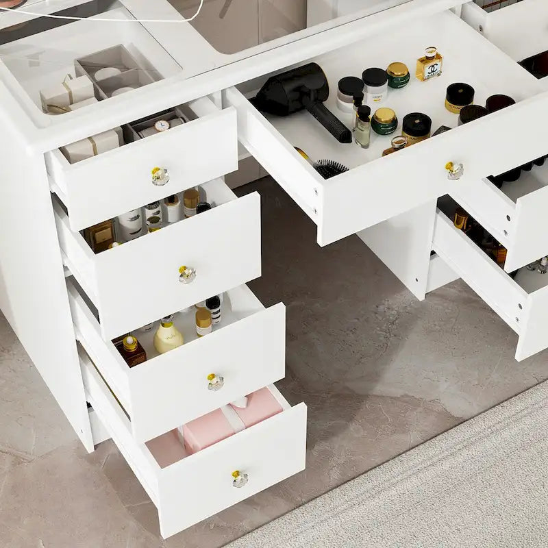 Coiffeuse avec miroir triptyque, éclairage certifié et plateau en verre