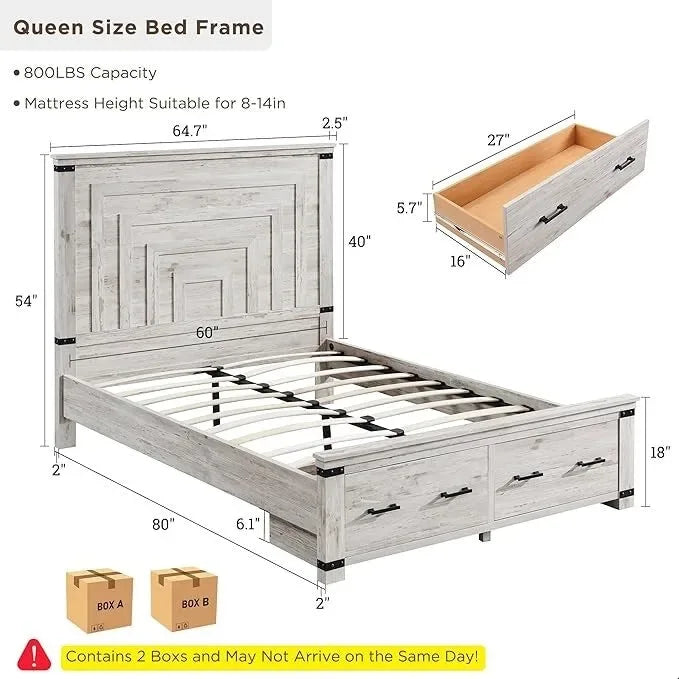 Estructura de cama estilo granja con cabecero alto de 54 y 2 cajones grandes