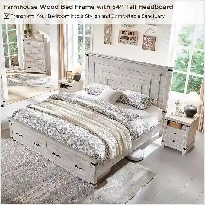 Estructura de cama estilo granja con cabecero alto de 54 y 2 cajones grandes