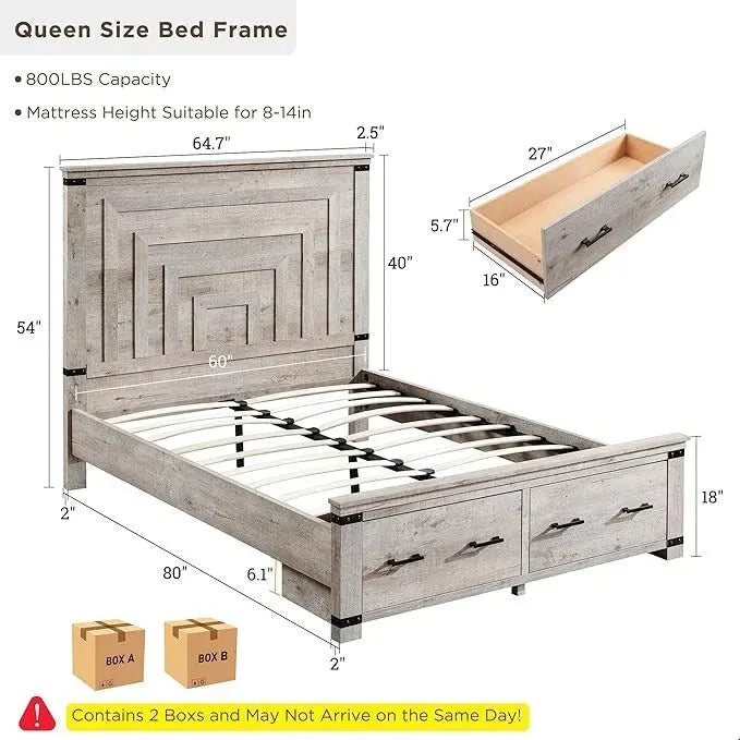 Estructura de cama estilo granja con cabecero alto de 54 y 2 cajones grandes