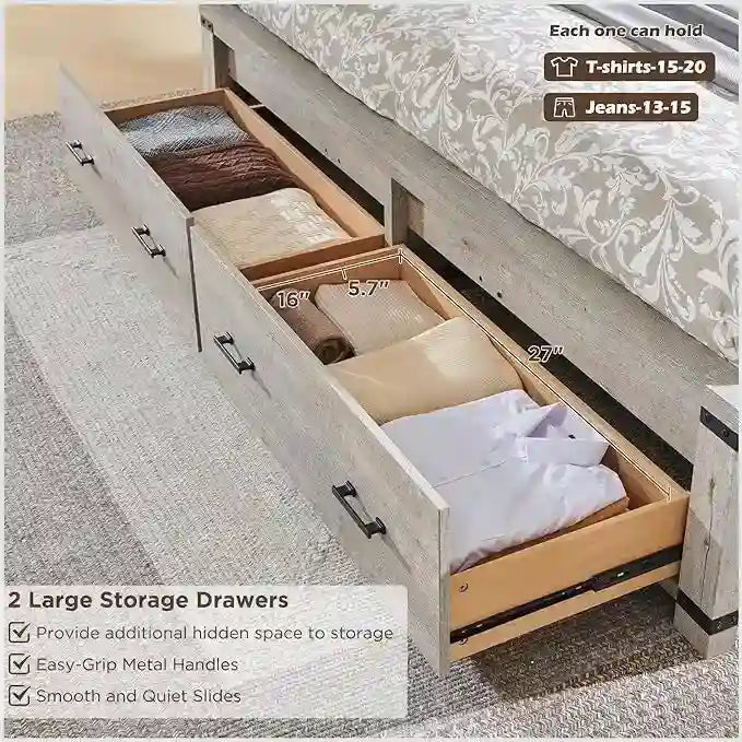 Estructura de cama estilo granja con cabecero alto de 54 y 2 cajones grandes