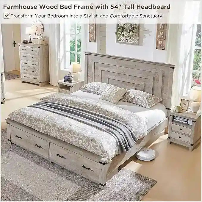 Estructura de cama estilo granja con cabecero alto de 54 y 2 cajones grandes