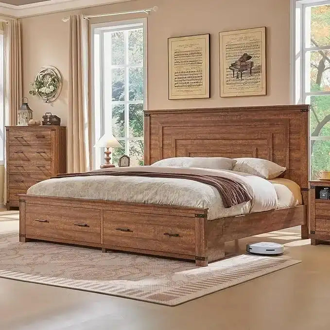 Estructura de cama estilo granja con cabecero alto de 54 y 2 cajones grandes