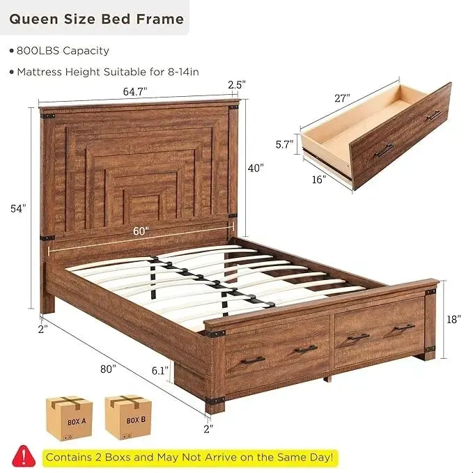 Estructura de cama estilo granja con cabecero alto de 54 y 2 cajones grandes