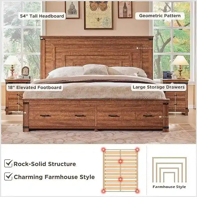 Estructura de cama estilo granja con cabecero alto de 54 y 2 cajones grandes