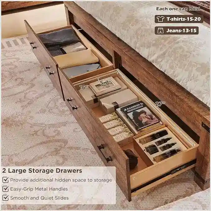 Estructura de cama estilo granja con cabecero alto de 54 y 2 cajones grandes