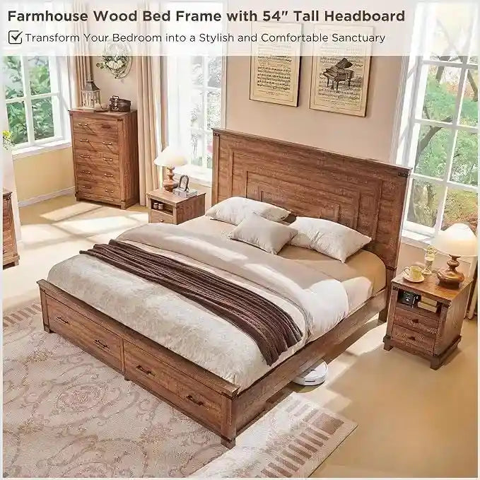 Estructura de cama estilo granja con cabecero alto de 54 y 2 cajones grandes