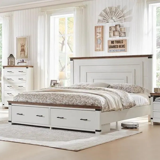 Estructura de cama estilo granja con cabecero alto de 54 y 2 cajones grandes