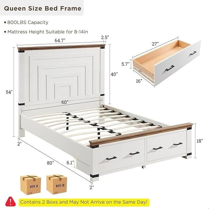 Estructura de cama estilo granja con cabecero alto de 54 y 2 cajones grandes