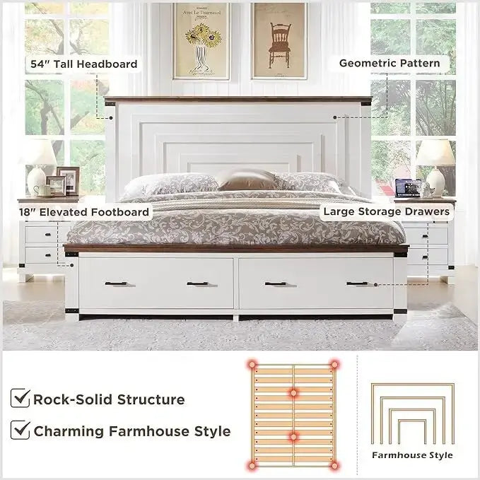 Estructura de cama estilo granja con cabecero alto de 54 y 2 cajones grandes