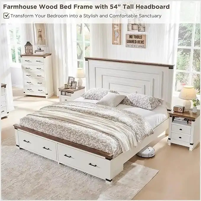 Estructura de cama estilo granja con cabecero alto de 54 y 2 cajones grandes