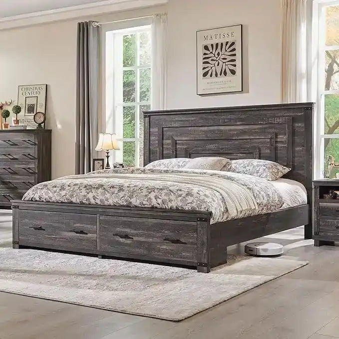 Estructura de cama estilo granja con cabecero alto de 54 y 2 cajones grandes