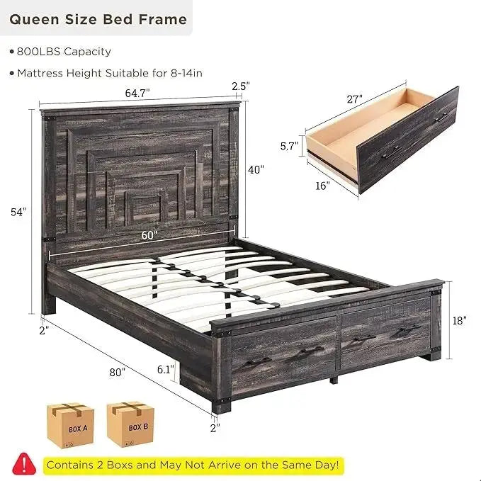 Estructura de cama estilo granja con cabecero alto de 54 y 2 cajones grandes