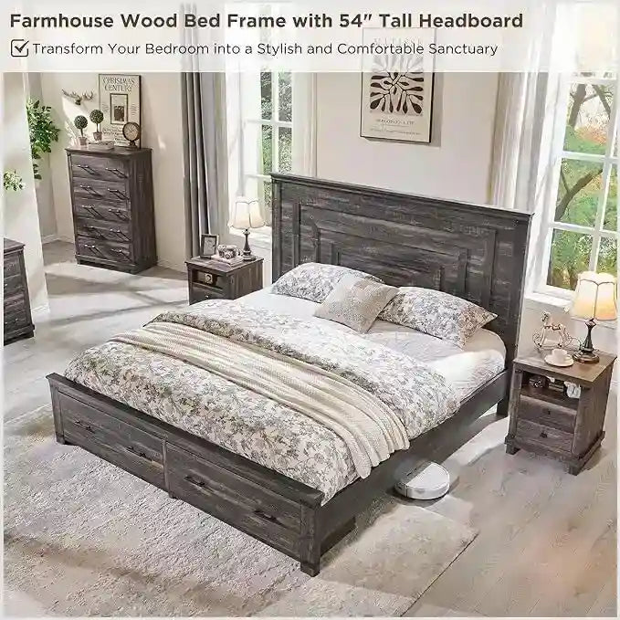 Estructura de cama estilo granja con cabecero alto de 54 y 2 cajones grandes